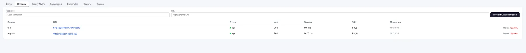 Контроль сайтов в портале Voltir: статус, отклик, SSL